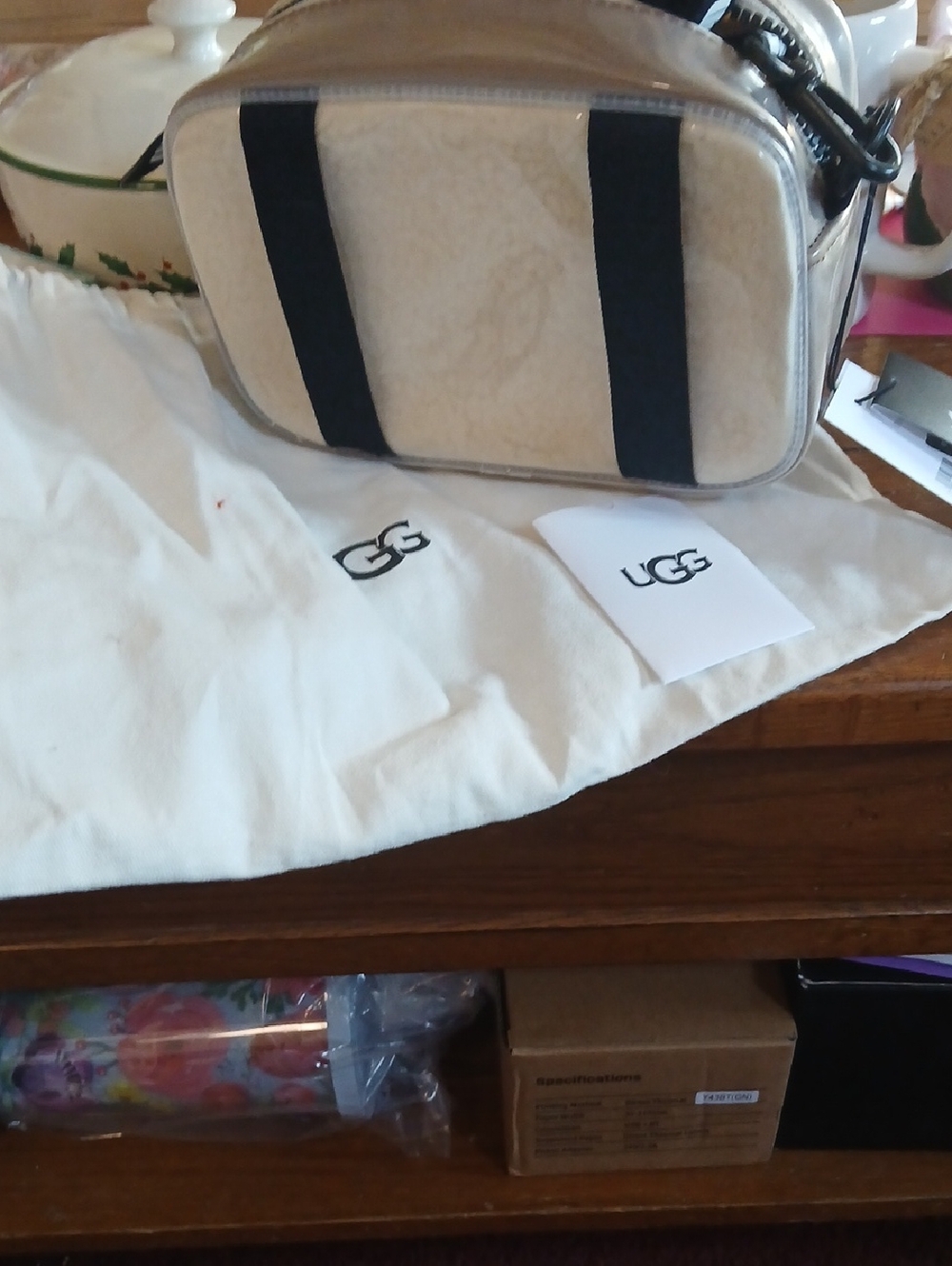 UGG Cream Shearling Compact Crossbody with Black Straps